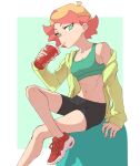  1girl amanda_o&#039;neill arikindows10 bare_shoulders bike_shorts black_shorts blush breasts cleavage collarbone drink green_eyes green_sports_bra highres little_witch_academia looking_at_viewer orange_hair short_hair shorts sideboob sitting small_breasts solo sports_bra 