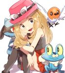  1girl :d brown_hair chitozen_(pri_zen) commentary_request eyelashes eyewear_on_headwear fletchling froakie grey_eyes hat high-waist_skirt highres long_hair looking_at_viewer mega_ring open_mouth pink_headwear pokemon pokemon_(creature) pokemon_(game) pokemon_xy red_skirt riolu serena_(pokemon) shirt shoes sitting skirt sleeveless sleeveless_shirt smile sunglasses thighhighs tongue twitter_username watermark white-framed_eyewear 