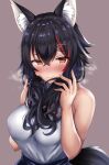  1girl animal_ear_fluff animal_ears black_hair breasts brown_eyes closed_mouth eyebrows_visible_through_hair hair_between_eyes highres hololive large_breasts long_hair multicolored_hair ookami_mio red_hair shiki_(catbox230123) shirt solo streaked_hair tail virtual_youtuber white_shirt wolf_ears wolf_tail 