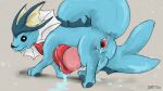  anus black_eyes blue_body blue_skin bodily_fluids diamondbackdrake dildo eeveelution fangs female feral frill_(anatomy) gaping gaping_pussy genital_fluids genitals hi_res looking_back nintendo pok&eacute;mon pok&eacute;mon_(species) pussy pussy_juice raised_tail sex_toy simple_background solo vaporeon video_games walking 