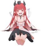  1girl at2. black_gloves blush character_request copyright_request crown eyebrows_visible_through_hair fangs gloves highres horns long_hair looking_at_viewer open_mouth pointy_ears red_eyes red_hair smile solo teeth twitter_username 