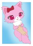  2022 accessory belly_rub chibi digital_media_(artwork) disembodied_hand domestic_cat felid feline felis female fur garnet_(jewelpet) hi_res jewelpet mammal neck_tuft open_mouth open_smile paws persian_cat pink_body pink_eyes pink_fur pyritie ribbons sanrio simple_background smile solo tuft white_body white_fur 