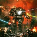  alexander_iglesias atlas_(battletech) battlefield battletech catapult_(battletech) damaged destruction dust fire highres injury laser missile_pod rocket_launcher soldier wall war weapon 