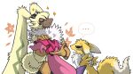  ... annoyed anthro bandai_namco canid canine clothing digimon digimon_(species) dress fluffy_chest fox fur gloves handwear humor lagomorph leporid long_ears mammal ponytail_ears portugueselynx rabbit renamon sparkles symbareangoramon yellow_body yellow_fur 