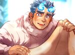  1boy blue_eyes blue_fire blue_hair blurry blurry_background blush close-up coat fire kizami_nori_to_yamaimo male_focus muscular muscular_male open_mouth solo spiked_hair sweater thick_eyebrows toji_(housamo) tokyo_afterschool_summoners turtleneck turtleneck_sweater 