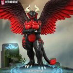  anthro big_breasts black_body black_feathers black_scales breasts crossed_arms feathers female hero_forge horn kaiju red_body red_eyes red_feathers red_scales scales solo tail_tuft tuft wide_hips 