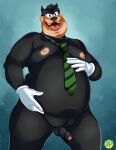  2021 anthro balls belly black_body black_nose dirty-palms disney erection felid feline genitals goof_troop hi_res humanoid_hands male mammal moobs navel necktie nipples overweight overweight_male penis peter_pete_sr. simple_background solo 