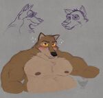  2022 absurd_res anthro balto balto_(film) basicbiscuit belly big_belly blush brown_body brown_eyes brown_fur canid canine canis fur grey_background grey_body grey_fur hi_res hybrid looking_at_viewer male mammal musclegut muscular muscular_male nipples overweight simple_background sketch_page solo sparkles universal_studios wolfdog yellow_sclera 
