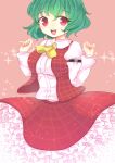  ascot bangs banpeiyu breasts commentary_request eyebrows_visible_through_hair eyelashes frilled_skirt frills green_hair happy juliet_sleeves kazami_yuuka long_sleeves medium_breasts open_mouth plaid plaid_skirt puffy_sleeves red_eyes red_skirt red_vest shirt short_hair skirt sleeve_garter teeth touhou upper_teeth vest white_shirt yellow_ascot 