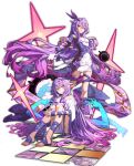  2girls absurdres bangs bare_shoulders closed_mouth dress dual_persona full_body hair_between_eyes highres honkai_(series) honkai_impact_3rd long_hair looking_at_viewer lulu_(15183338668) multiple_girls nail_polish purple_dress purple_hair red_nails simple_background sirin sitting toenail_polish toenails white_background yellow_eyes 