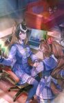  2girls animal_ears blue_eyes brown_hair candy chair character_doll coffee_table computer couch earrings eye_contact food gold_ship_(umamusume) highres horse_ears horse_girl horse_tail indoors jewelry laptop long_hair long_sleeves looking_at_another looking_at_viewer multicolored_hair multiple_girls office_chair paper pen pillow ponytail purple_eyes purple_legwear purple_shirt purple_skirt rug sailor_collar school_uniform shirt single_earring sitting skirt standing streaked_hair sunlight sweatdrop symboli_rudolf_(umamusume) table tail thighhighs tokai_teio_(umamusume) tracen_school_uniform umamusume yoshida_(ne) 