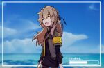  1399984040 1girl armband bangs black_legwear black_ribbon brown_hair closed_eyes cloud cloudy_sky commentary_request cowboy_shot day eyebrows_visible_through_hair girls&#039;_frontline hair_between_eyes hair_ribbon id_card jacket long_hair ocean open_clothes open_jacket open_mouth outdoors pantyhose ribbon sky smile ump40_(girls&#039;_frontline) 