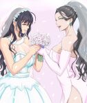  2girls ahoge anbj black_hair bouquet breasts bridal_veil brown_eyes cowboy_shot crossover dangle_earrings dress earrings elbow_gloves executive_mishiro eyelashes falling_petals gloves green_eyes high_ponytail holding holding_bouquet idolmaster idolmaster_cinderella_girls jewelry kashimoto_riko lips looking_at_viewer looking_down medium_breasts multiple_girls open_mouth parted_lips petals pink_background sidelocks strapless strapless_dress thighs tsurime umamusume veil wavy_hair wedding_dress white_dress white_gloves wife_and_wife yuri 