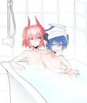  2girls :d arknights bangs bathtub blue_eyes blue_hair breasts collarbone commentary fiammetta_(arknights) hair_between_eyes halo horns large_breasts mostima_(arknights) multiple_girls nude open_mouth partially_submerged pink_hair pointy_hair red_eyes shared_bathing short_hair smile symbol-only_commentary towel towel_on_head umiakira0606 water 