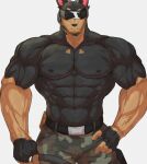  1boy abs bara belt biceps communicator doberman facial_hair furry furry_male glasses gloves hand_on_hip heart large_pectorals male_focus manly military military_uniform muscular muscular_male navel nipples notablindwolf original pectorals solo stubble thick_arms topless topless_male uniform veins veiny_arms 