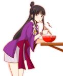  1girl ace_attorney bangs black_hair blunt_bangs blush bowl chopsticks eating food grey_eyes half_updo hand_up holding holding_chopsticks jacket japanese_clothes jewelry kimono kisaragi_ichigo leaning_forward legs_together long_hair looking_at_viewer looking_to_the_side magatama maya_fey mouth_hold necklace noodles obi parted_bangs purple_jacket ramen red_sash sash short_kimono sidelocks simple_background solo thighs white_background white_kimono 