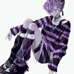  1boy 9333 alternate_costume black_footwear black_tank_top blush chain collarbone glasses highres jewelry lip_piercing looking_at_viewer male_focus necklace nijisanji nijisanji_en one_eye_closed piercing purple_eyes purple_hair shirt sitting solo striped striped_shirt tank_top thigh_strap tube_socks uki_violeta virtual_youtuber 