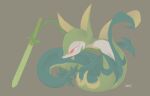  ambiguous_gender azre feral green_body grey_background holding_object holding_sword holding_weapon leaf_tail melee_weapon nintendo pok&eacute;mon pok&eacute;mon_(species) pseudo_clothing red_eyes serperior signature simple_background solo sword video_games weapon white_body yellow_body 