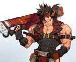  abs arm_belt bara belt biceps blonde_hair brown_hair commission covered_abs gauntlets gloves guilty_gear hand_on_hip headband jacket large_pectorals long_hair looking_at_viewer male_focus manly muscular muscular_male na_insoo pants pectoral_cleavage pectorals ponytail sol_badguy spiked_hair thick_arms tight veins veiny_arms weapon 