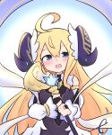  1girl :d ahoge bangs bare_shoulders black_dress blonde_hair blue_eyes blush breasts bridal_gauntlets commentary_request dragalia_lost dress eyebrows_behind_hair hagoromo hair_between_eyes highres holding holding_staff horns kujou_karasuma long_hair long_sleeves medium_breasts puffy_long_sleeves puffy_sleeves shawl signature smile solo staff upper_body very_long_hair zena_(dragalia_lost) 