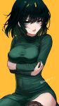  1girl bangs black_legwear blush bob_cut breasts crossed_arms dress fubuki_(one-punch_man) green_dress green_eyes green_hair impossible_clothes kiichirou large_breasts long_sleeves looking_at_viewer one-punch_man open_mouth orange_background short_hair simple_background solo sweatdrop thighhighs 