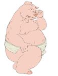  2012 anthro asian_clothing belly big_belly clothing daiji013 domestic_pig east_asian_clothing eyes_closed humanoid_hands japanese_clothing kemono male mammal mawashi moobs nipples overweight overweight_male pink_body simple_background solo suid suina sus_(pig) white_background 