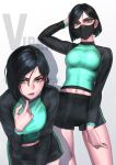  black_hair eyebrows_visible_through_hair highres kilye_kairi looking_at_viewer mask mouth_mask multiple_views navel short_hair short_shorts shorts solo valorant viper_(valorant) 