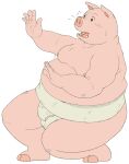  2015 anthro asian_clothing belly big_belly clothing daiji013 domestic_pig east_asian_clothing humanoid_hands japanese_clothing kemono male mammal mawashi moobs nipples overweight overweight_male simple_background solo suid suina surprise sus_(pig) white_background 