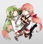  2girls alternate_costume aqua_eyes bangs black_footwear black_gloves blush boots breasts brown_gloves brown_legwear carcano_m1891_(girls&#039;_frontline) closed_mouth eyebrows_visible_through_hair from_above garter_straps girls&#039;_frontline gloves green_hair grey_background hair_ornament hair_ribbon hairclip highres holding_hands long_hair looking_at_viewer medium_breasts military military_uniform mk48_(girls&#039;_frontline) multiple_girls nakiusagi open_mouth pink_hair red_eyes red_shorts ribbon shorts single_glove smile standing standing_on_one_leg thighhighs uniform white_uniform 