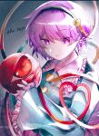  1girl blouse blue_blouse buttons collared_blouse eyeball frilled_shirt_collar frilled_sleeves frills hairband heart heart_button kgfg4553 komeiji_satori long_sleeves pink_eyes pink_hair short_hair solo third_eye touhou wide_sleeves 