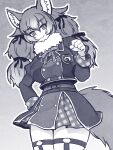  1girl animal_ears belt blush bow commentary_request cowboy_shot dire_wolf_(kemono_friends) eyebrows_visible_through_hair fur_collar garter_straps gloves hair_bow jacket japari_symbol kemono_friends long_hair long_sleeves looking_at_viewer monochrome neck_ribbon plaid plaid_skirt plaid_trim pleated_skirt ribbon skirt solo tail totokichi twintails wolf_ears wolf_girl wolf_tail 