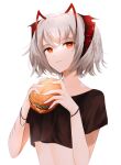  1girl absurdres alternate_costume antennae arknights black_shirt black_wristband burger crop_top cropped_shirt demon_horns eyebrows_visible_through_hair food grey_hair gupipy hair_between_eyes highres holding holding_food horns looking_at_viewer no_ahoge orange_eyes scar scar_on_arm shirt short_hair simple_background solo upper_body w_(arknights) white_background 