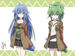  2girls arms_behind_back blue_eyes blue_hair bow breasts brown_robe chaya_mago collarbone duel_monster eria_the_water_charmer eyebrows_visible_through_hair green_bow green_eyes green_hair green_ribbon hair_ribbon hooded_robe long_hair medium_breasts medium_skirt multiple_girls ponytail ribbon signature skirt wynn_the_wind_charmer yu-gi-oh! 