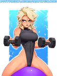  1girl abs artist_name blonde_hair blue_eyes breasts commentary dumbbell earrings english_commentary eyebrows_visible_through_hair fingerless_gloves gloves holding jewelry leotard medium_breasts medium_hair muscular muscular_female original patreon_username pointy_ears ronindude sassy_(ronindude) solo watermark 