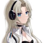  1girl absurdres azur_lane black_bra black_choker blonde_hair blue_eyes blush bra breasts choker cleavage closed_mouth collarbone eyebrows_visible_through_hair headphones headset highres kronshtadt_(azur_lane) kronshtadt_(begin_the_rush!)_(azur_lane) large_breasts long_hair looking_at_viewer official_alternate_costume open_clothes open_shirt shirt slqnsdl smile solo underwear upper_body white_background white_shirt 