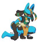 3_fingers 3_toes anthro balls bulge clothing crouching english_text feet fingers frown gem genital_outline genitals gold_(metal) gold_jewelry half-closed_eyes hi_res jewelry looking_at_viewer lucario male narrowed_eyes nintendo penis_outline pok&eacute;mon pok&eacute;mon_(species) pokemon_unite ruby_(gem) ruins_style_lucario simple_background solo text toes topwear video_games yrac 