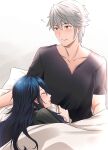  1boy 1girl ameno_(a_meno0) bed bed_sheet blue_hair brown_eyes closed_eyes fire_emblem fire_emblem_awakening grey_hair light_blush long_hair lucina_(fire_emblem) pillow robin_(fire_emblem) robin_(fire_emblem)_(male) shirt short_hair sleeping sweater 