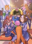  6+girls ^_^ admire_vega_(umamusume) animal_ears bangs beamed_eighth_notes blue_eyes blurry blush brown_footwear brown_hair bush character_request check_character closed_eyes crown ear_covers eighth_note el_condor_pasa_(umamusume) hand_on_own_chest highres horse_ears horse_girl horse_tail index_finger_raised jukebox long_hair long_sleeves looking_at_another maruzensky_(umamusume) meisho_doto_(umamusume) motion_lines multicolored_hair multiple_girls musical_note nice_nature_(umamusume) notice_lines one_eye_closed open_mouth orange_hair pom_pom_(cheerleading) ponytail purple_legwear purple_shirt purple_skirt sailor_collar school_uniform shirt short_hair silence_suzuka_(umamusume) sitting skirt smile sparkle special_week_(umamusume) standing streaked_hair sweat t.m._opera_o_(umamusume) tail thighhighs tokai_teio_(umamusume) tracen_school_uniform trembling twin_turbo_(umamusume) twintails two-tone_hair umamusume yoshida_(ne) 