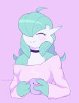  2020 3_fingers absurd_res ahoge blush choker clothed clothing container cup ditto_face eyes_closed female fingers gardevoir green_hair hair hi_res holding_cup holding_object humanoid jewelry lavenderaraliya lavy_(lavenderaraliya) necklace nintendo not_furry off_shoulder pink_background pok&eacute;mon pok&eacute;mon_(species) signature simple_background smile solo video_games 