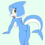 1:1 2022 anthro areola bangs blue_background blue_body blue_nipples blue_skin breasts butt cetacean delphinoid eyelashes fan_character female fin fours_(artist) head_fin hi_res looking_at_viewer looking_back mammal marine nipples nude open_mouth portrait presenting presenting_hindquarters pseudo_hair rear_view sega simple_background solo sonic_legacy sonic_the_hedgehog_(series) tail_fin tempest_the_dolphin three-quarter_portrait tongue toothed_whale white_body white_skin yellow_eyes 