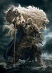 absurd_res armor axe beard breastplate cape clothing detailed_background duo elden_ring facial_hair fangs felid fromsoftware fur gauntlets gloves handwear hi_res human lion male mammal mane melee_weapon official_art pantherine sword unknown_artist video_games weapon white_body white_fur white_mane 