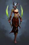  1girl barefoot blindfold blood_elf_(warcraft) breasts closed_mouth colored_skin dual_wielding earrings elf expressionless fantasy full_body gradient gradient_background grey_background holding holding_sword holding_weapon horns imdrunkontea jewelry markings navel original pointy_ears red_skin reverse_grip short_hair small_breasts solo standing strapless sword torn_clothes torn_legwear tube_top vambraces warcraft weapon white_hair world_of_warcraft 