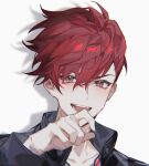  1boy black_jacket blush buried_stars chinese_commentary commentary fangs hand_up highres jacket long_sleeves looking_at_viewer male_focus open_mouth pink_eyes red_hair seo_hyesung shadow short_hair simple_background solo teeth white_background yusa_(yusa0751) 