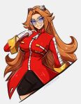  1girl black_skirt blue_eyes breasts coat dr._eggman eggmaam genderswap genderswap_(mtf) glasses gloves grin highres long_hair long_sleeves looking_to_the_side omiza_somi orange_hair red_coat skirt smile solo sonic_(series) white_gloves 