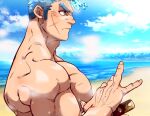  1boy bara beach biceps blue_eyes blue_fire blue_hair blurry blurry_background close-up day fire highres katana kizami_nori_to_yamaimo large_pectorals long_sideburns male_focus muscular muscular_male ocean pectorals sand scar scar_on_face serious sideburns sky solo sword thick_arms thick_eyebrows toji_(housamo) tokyo_afterschool_summoners topless topless_male weapon wet 