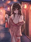  1girl absurdres bangs bare_shoulders blush breasts brown_hair cleavage collarbone earrings english_commentary eyebrows_visible_through_hair floral_print hair_between_eyes hair_ornament hair_stick hand_up highres holding japanese_clothes jewelry kimono lantern large_breasts lkeris long_hair long_sleeves looking_at_viewer mixed-language_commentary nail_polish off_shoulder original outdoors parted_lips print_kimono red_eyes red_kimono red_nails red_sash sash smile solo standing tassel tassel_earrings very_long_hair wide_sleeves 