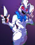  2021 5_fingers anthro blue_bow bow buckteeth clothing costume cynicallysly female fingers five_nights_at_freddy&#039;s five_nights_at_freddy&#039;s:_security_breach front_view hi_res holding_knife holding_object knife lagomorph leporid looking_at_viewer mammal open_mouth portrait rabbit red_sclera scottgames solo standing teeth three-quarter_portrait tongue vanny_(fnaf) video_games whiskers white_body white_ears 