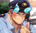  blue_eyes blue_fire blue_hair blurry blurry_background blush close-up collared_shirt fire hat heart highres kiss kizami_nori_to_yamaimo looking_at_viewer male_focus manly muscular police police_hat police_uniform shirt solo speech_bubble toji_(housamo) tokyo_afterschool_summoners uniform 