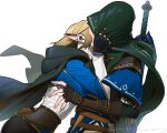  1boy 1girl blonde_hair cloak covered_face face-to-face faceless grabbing hetero hood hooded_cloak kiss link nintendo niteo07 pointy_ears princess_zelda simple_background solo_focus surprise_kiss surprised sword the_legend_of_zelda the_legend_of_zelda:_breath_of_the_wild the_legend_of_zelda:_skyward_sword upper_body weapon weapon_on_back white_background 