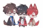  3boys animal_ear_fluff animal_ears black_hair blue_collar blue_necktie bow bowtie brown_eyes brown_hair brown_jacket buried_stars chinese_commentary closed_mouth collar collared_shirt commentary cross dog_boy dog_ears dog_tail ear_piercing earrings fang formal han_do-yoon headphones headphones_around_neck highres holding holding_leash jacket jewelry leash lee_gyu-hyuk long_sleeves looking_at_another male_focus mole mole_under_eye multiple_boys necktie open_clothes open_jacket open_mouth piercing red_bow red_bowtie red_collar red_eyes red_hair red_jacket seo_hyesung shirt short_hair simple_background suit sweat tail upper_body white_background white_shirt yusa_(yusa0751) 